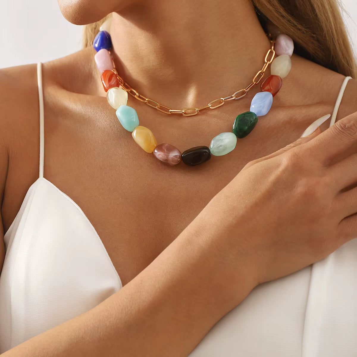Rainbow Stone Paperclip Chain Necklace