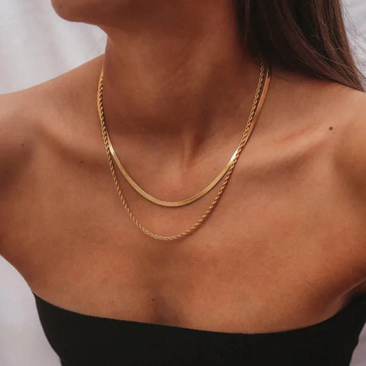 18K Layered Herringbone and Rope Chain Necklace