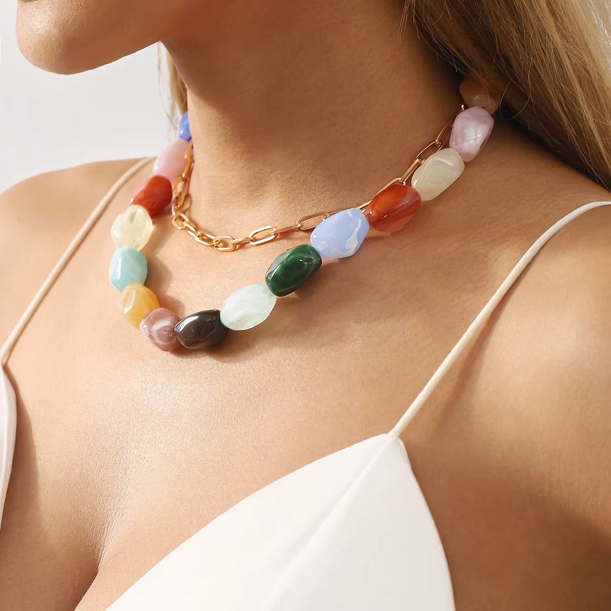 Rainbow Stone Paperclip Chain Necklace