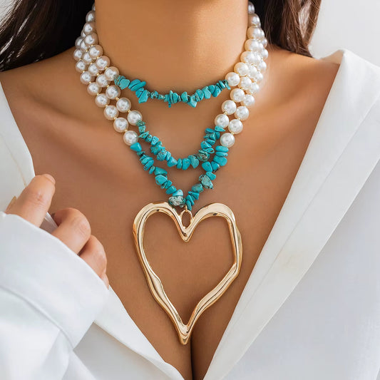 Triple Layered Chunky Heart Pearl Necklace