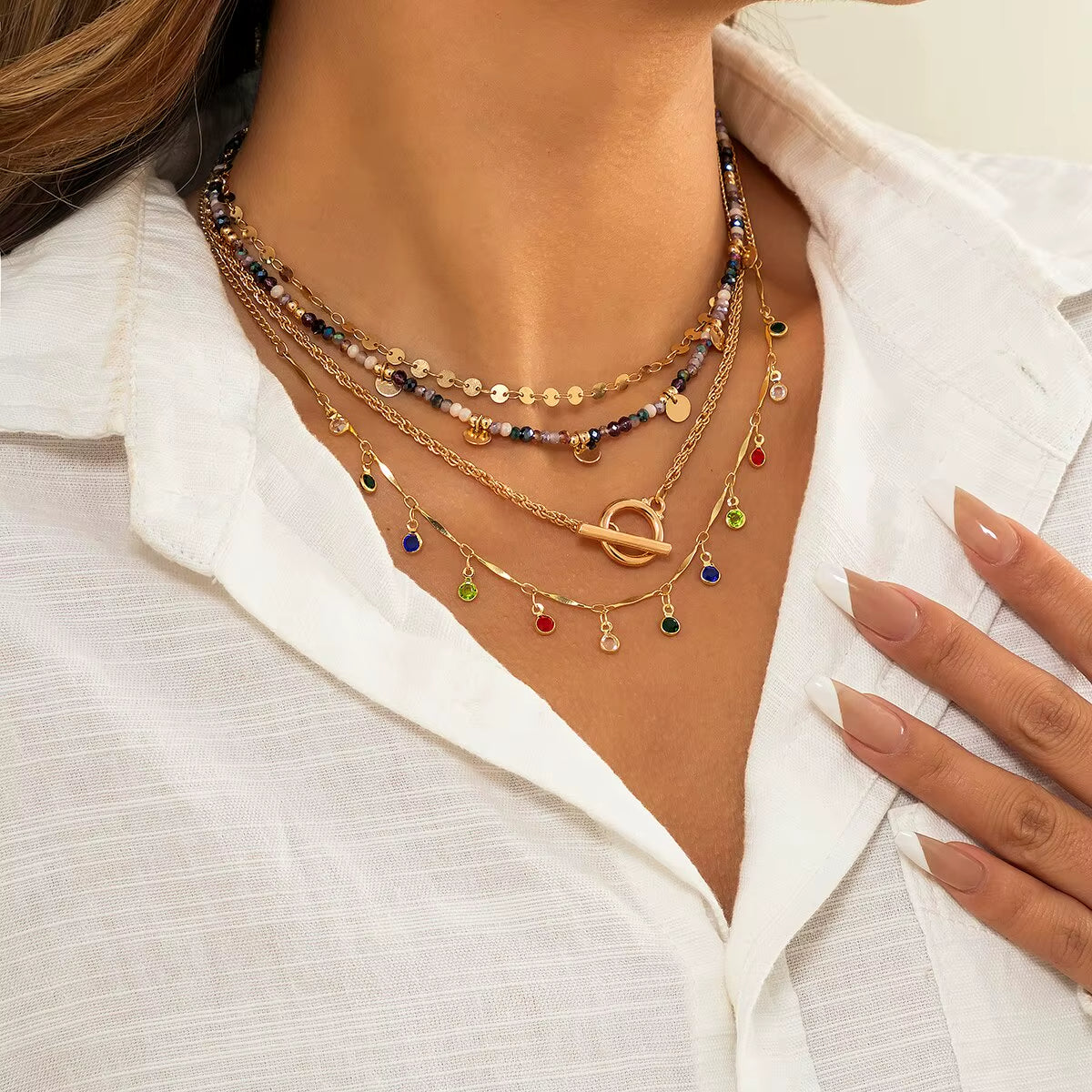 4pc Rainbow Crystal Toggle Necklace