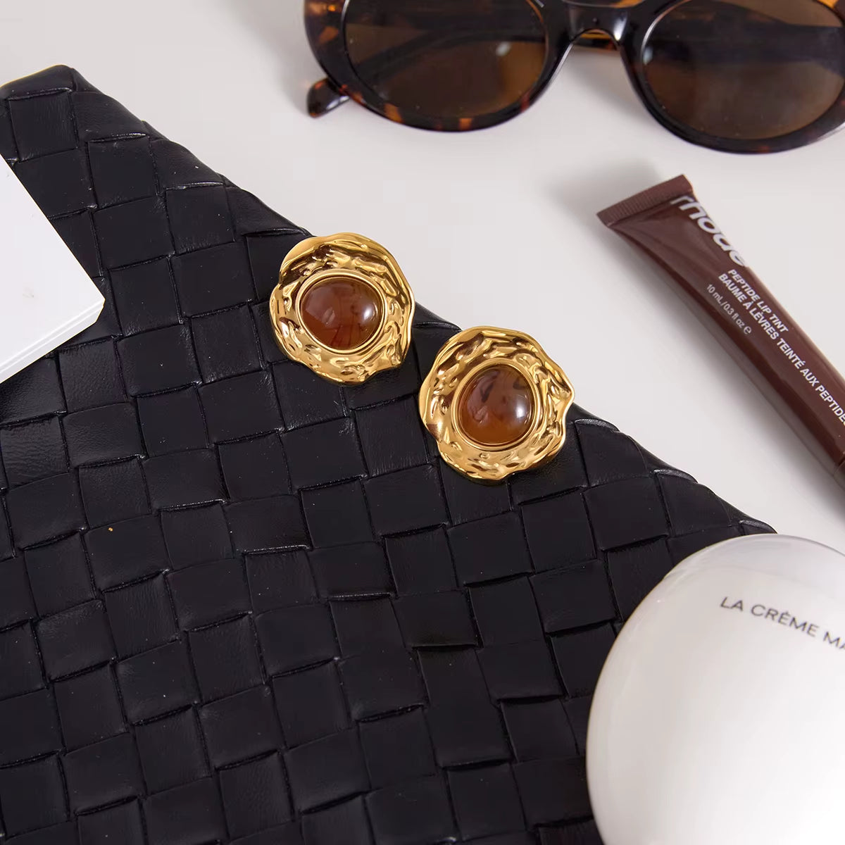 18K Amber Stone Stud Earrings