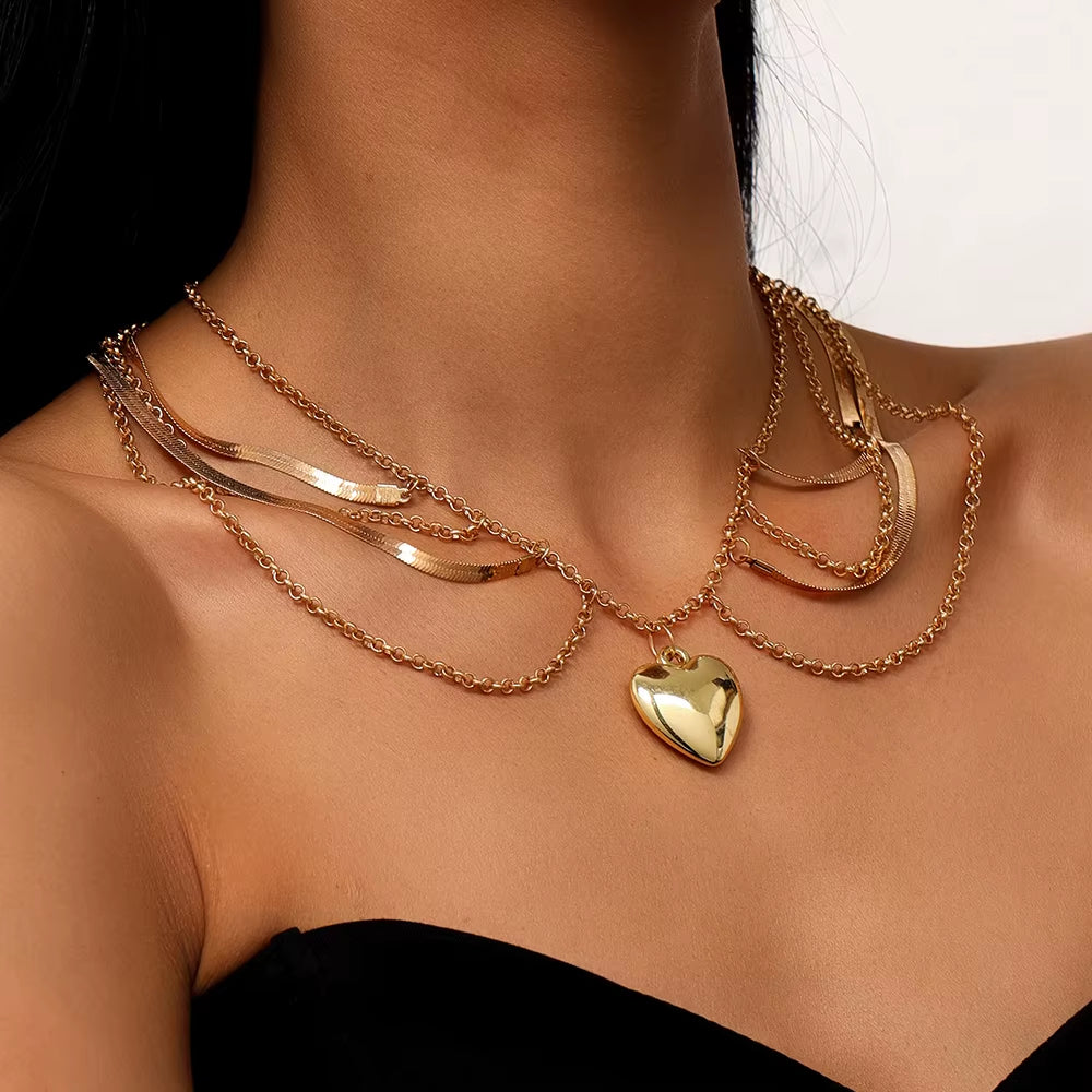 Stacked Gold Heart Pendant Necklace