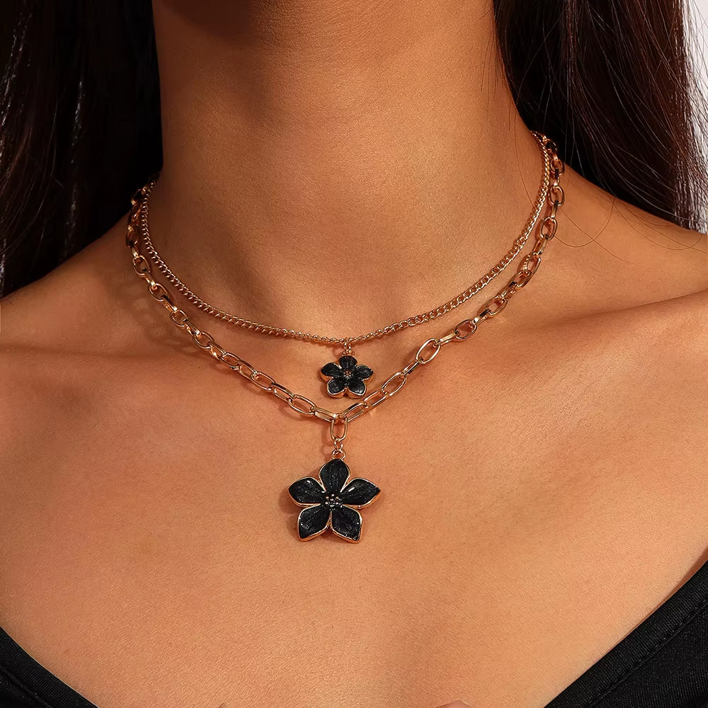 2pc Black Flower Necklace Set