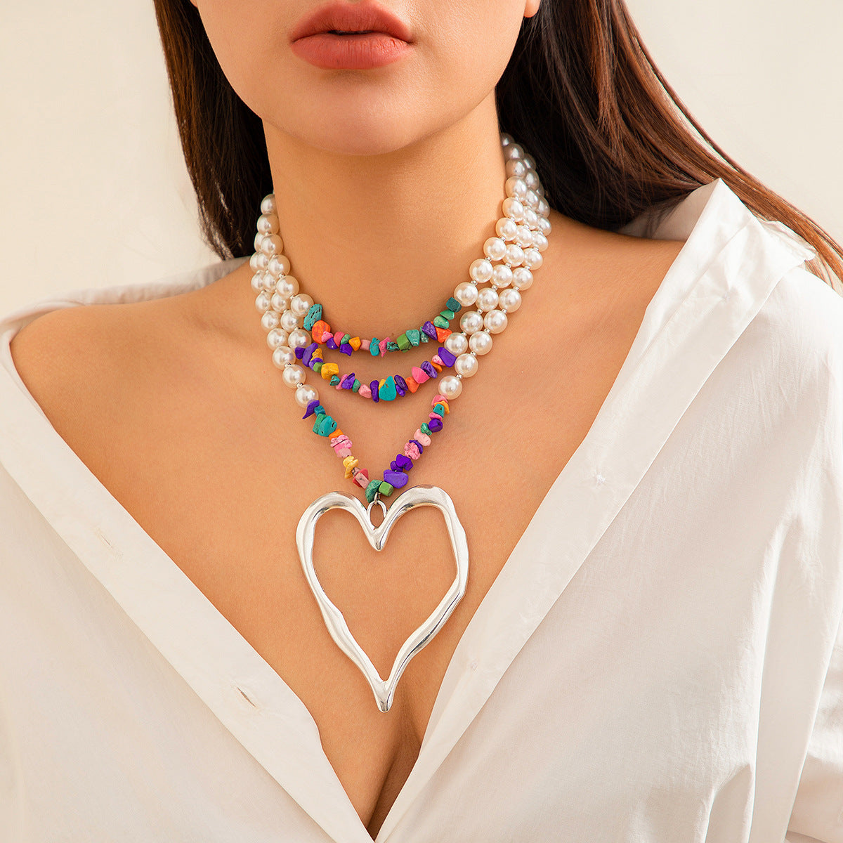 Triple Layered Chunky Heart Pearl Necklace