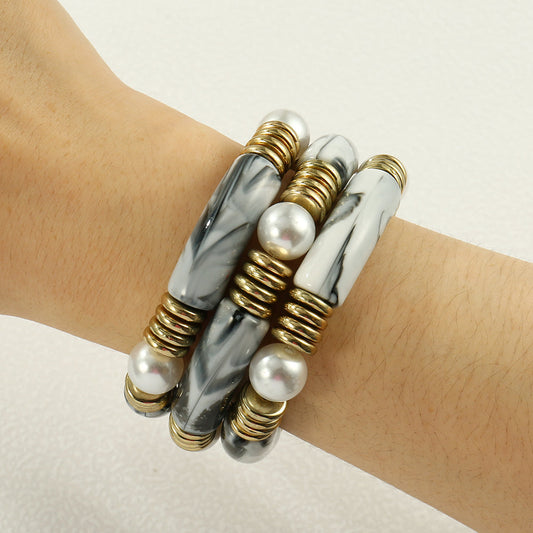 3pc Marble Tube & Pearl Bracelet Set
