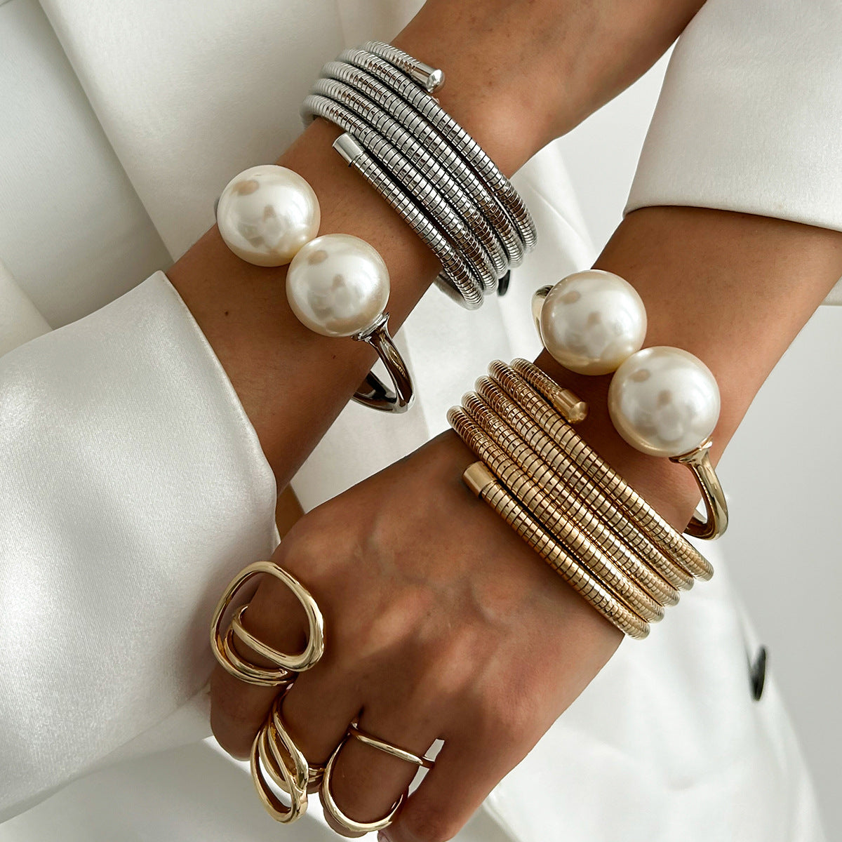Luxury Gold Pearl Layered Bangle Bracelet