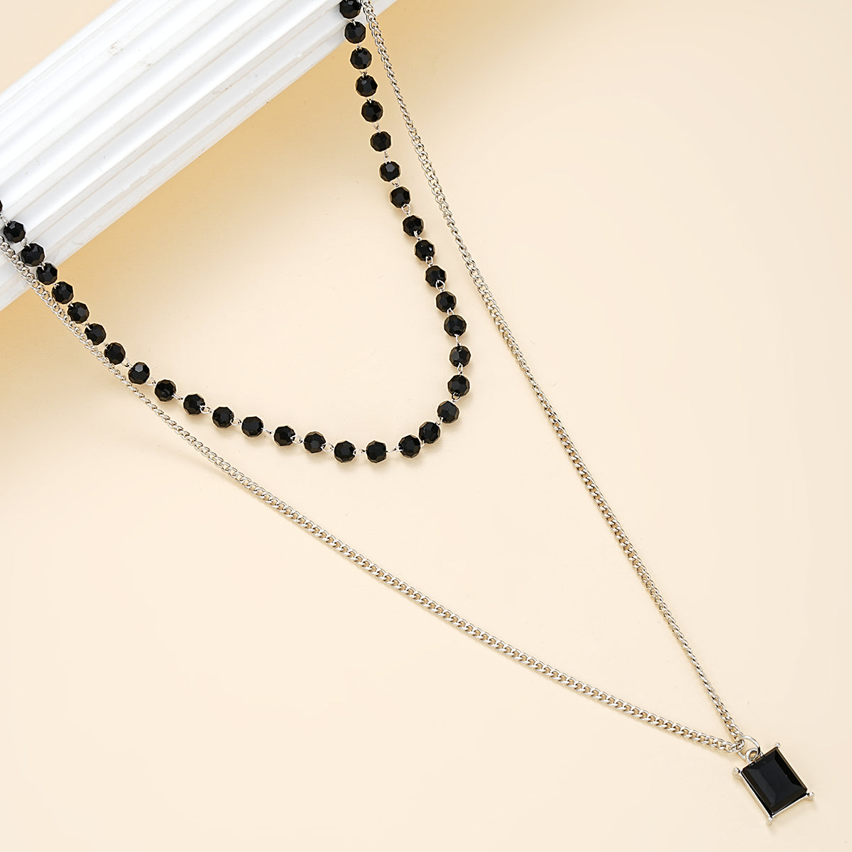 2pc Black Bead & Pendant Necklace Set