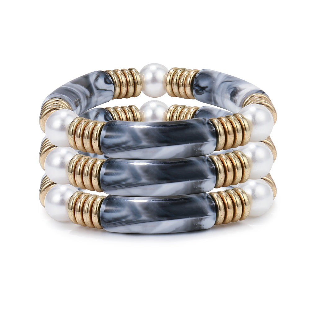 3pc Marble Tube & Pearl Bracelet Set