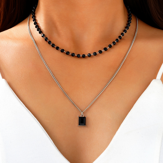 2pc Black Bead & Pendant Necklace Set