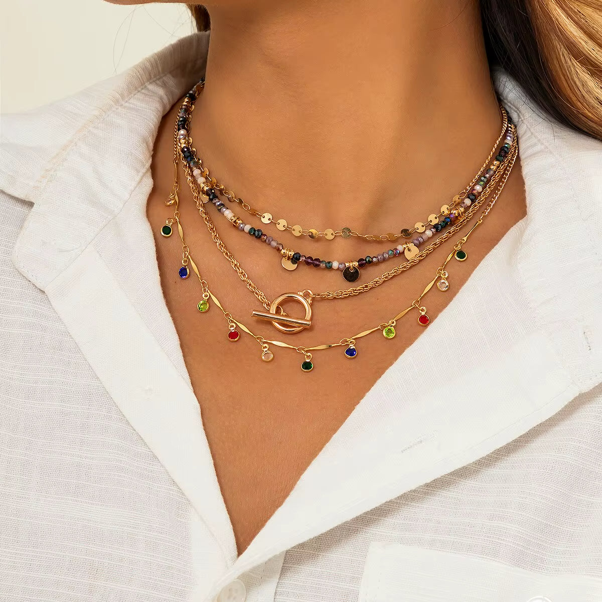4pc Rainbow Crystal Toggle Necklace