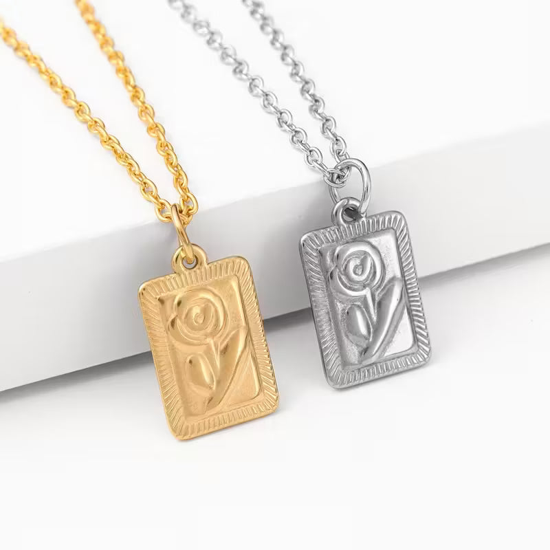 Carved Rose Rectangle Necklace