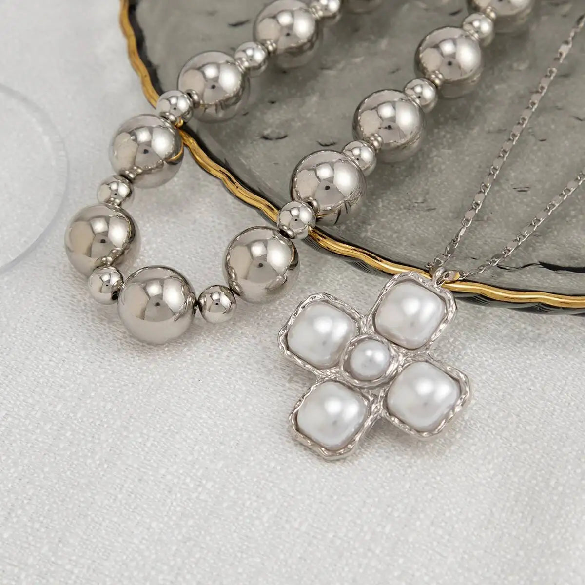 2pc Pearl Cross Choker Necklace