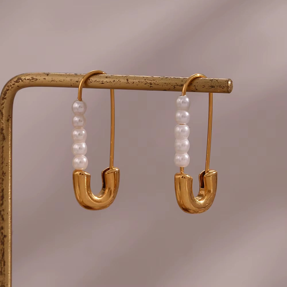 Safety Pin Pearl Earrings