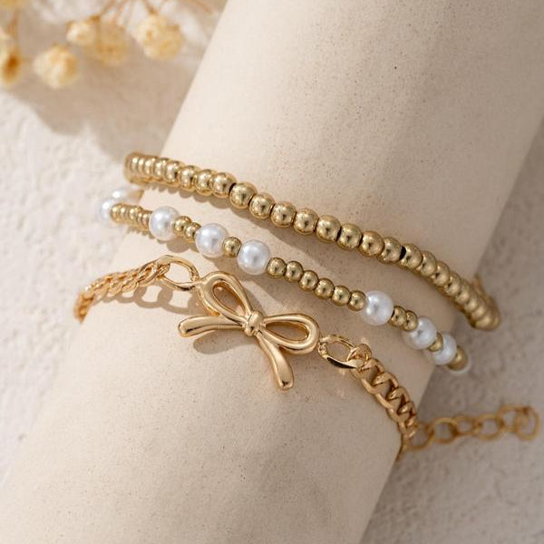 3pc Pearl Ribbon Bracelet Stack