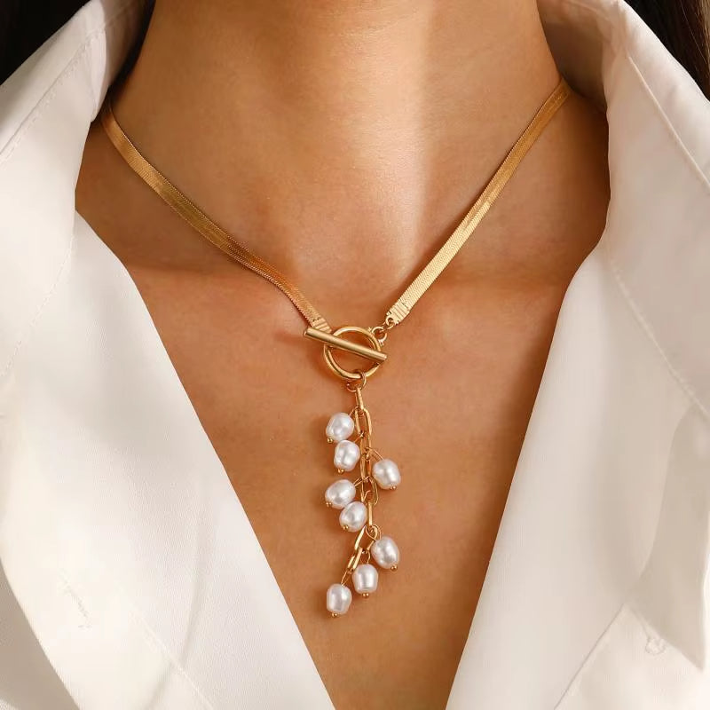 Tassel Drop Snake Chain Pearl Necklace