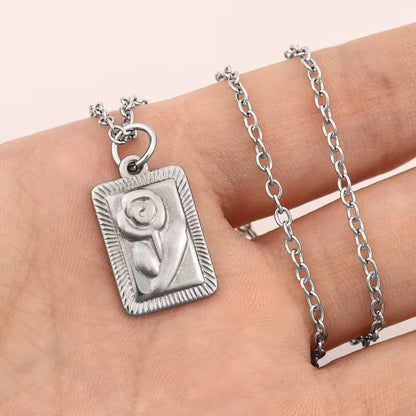 Carved Rose Rectangle Necklace