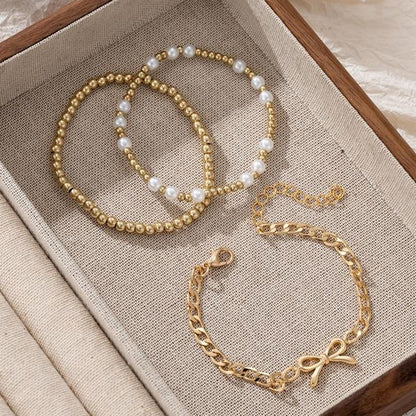 3pc Pearl Ribbon Bracelet Stack