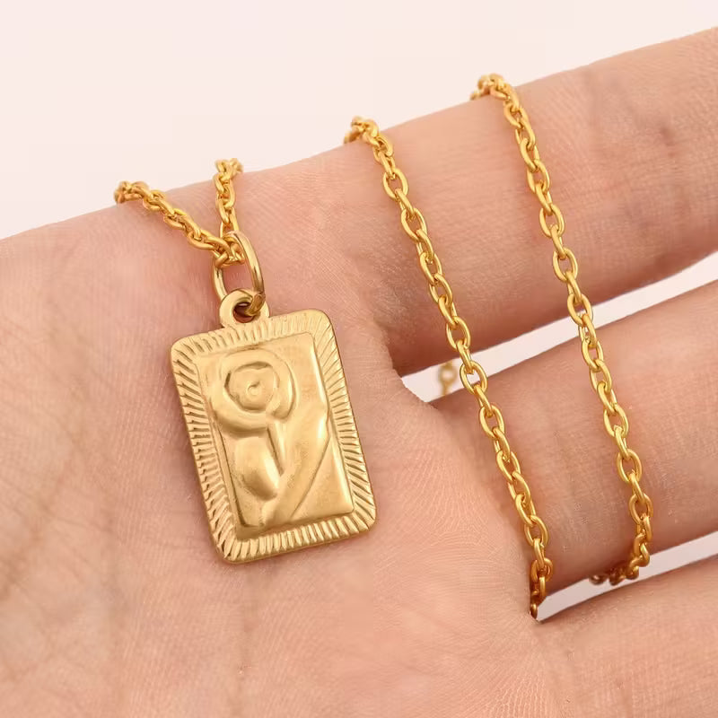 Carved Rose Rectangle Necklace