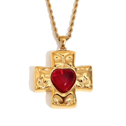 18K Vintage Heart Cross Necklace