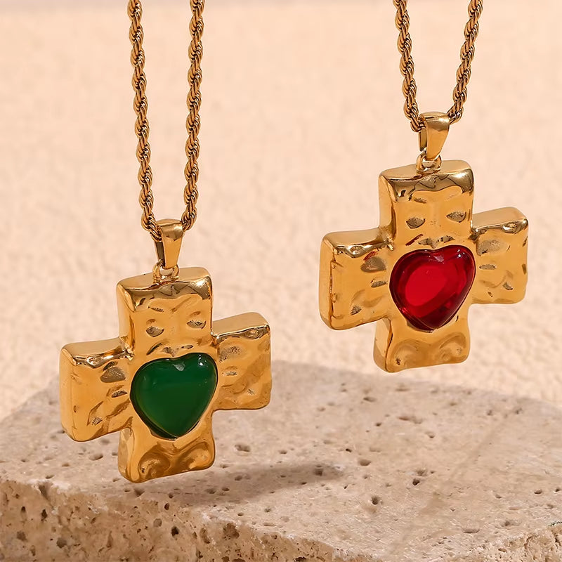18K Vintage Heart Cross Necklace
