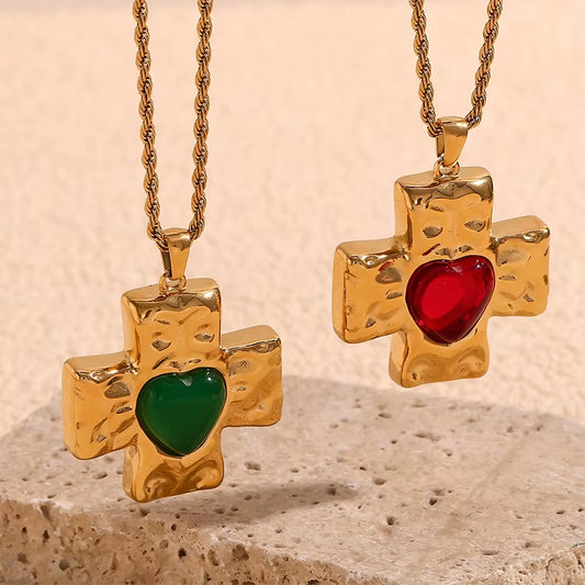 18K Vintage Heart Cross Necklace