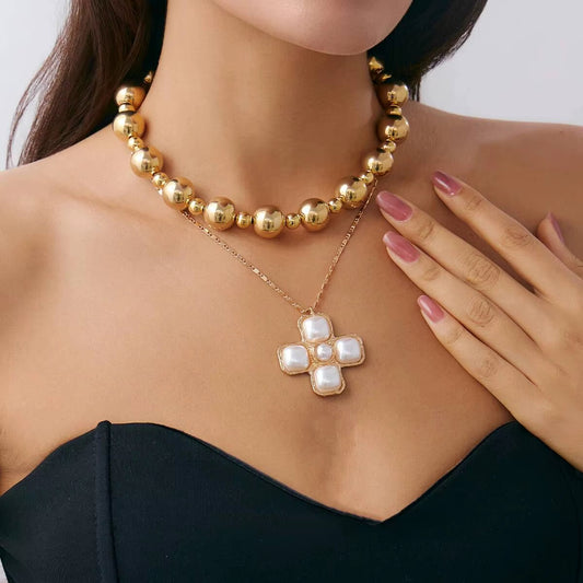 2pc Pearl Cross Choker Necklace
