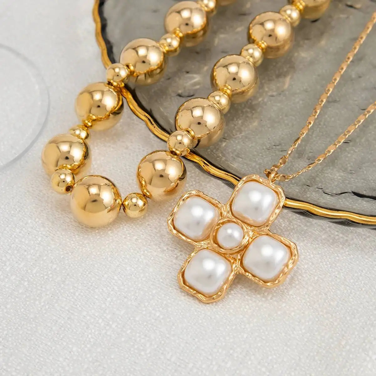 2pc Pearl Cross Choker Necklace