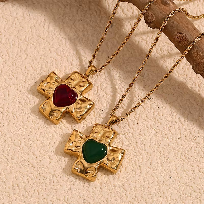18K Vintage Heart Cross Necklace