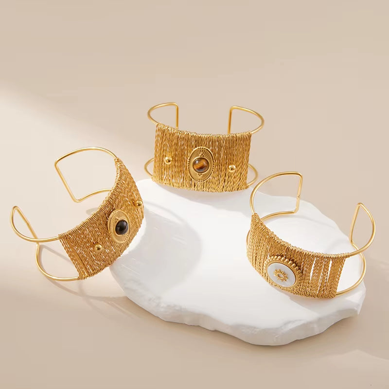 3pc Wide Natural Stone Cuff Bracelet