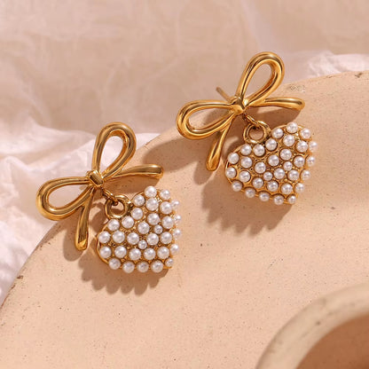 Bow Knot Pearl Heart Earrings