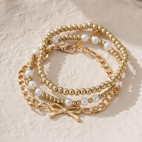 3pc Pearl Ribbon Bracelet Stack