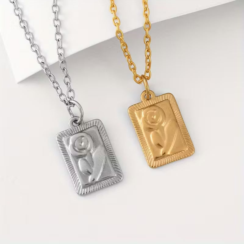 Carved Rose Rectangle Necklace
