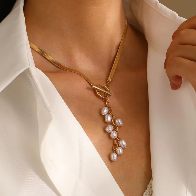 Tassel Drop Snake Chain Pearl Necklace
