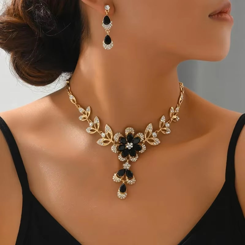Black Flower Tassel Jewelry Set