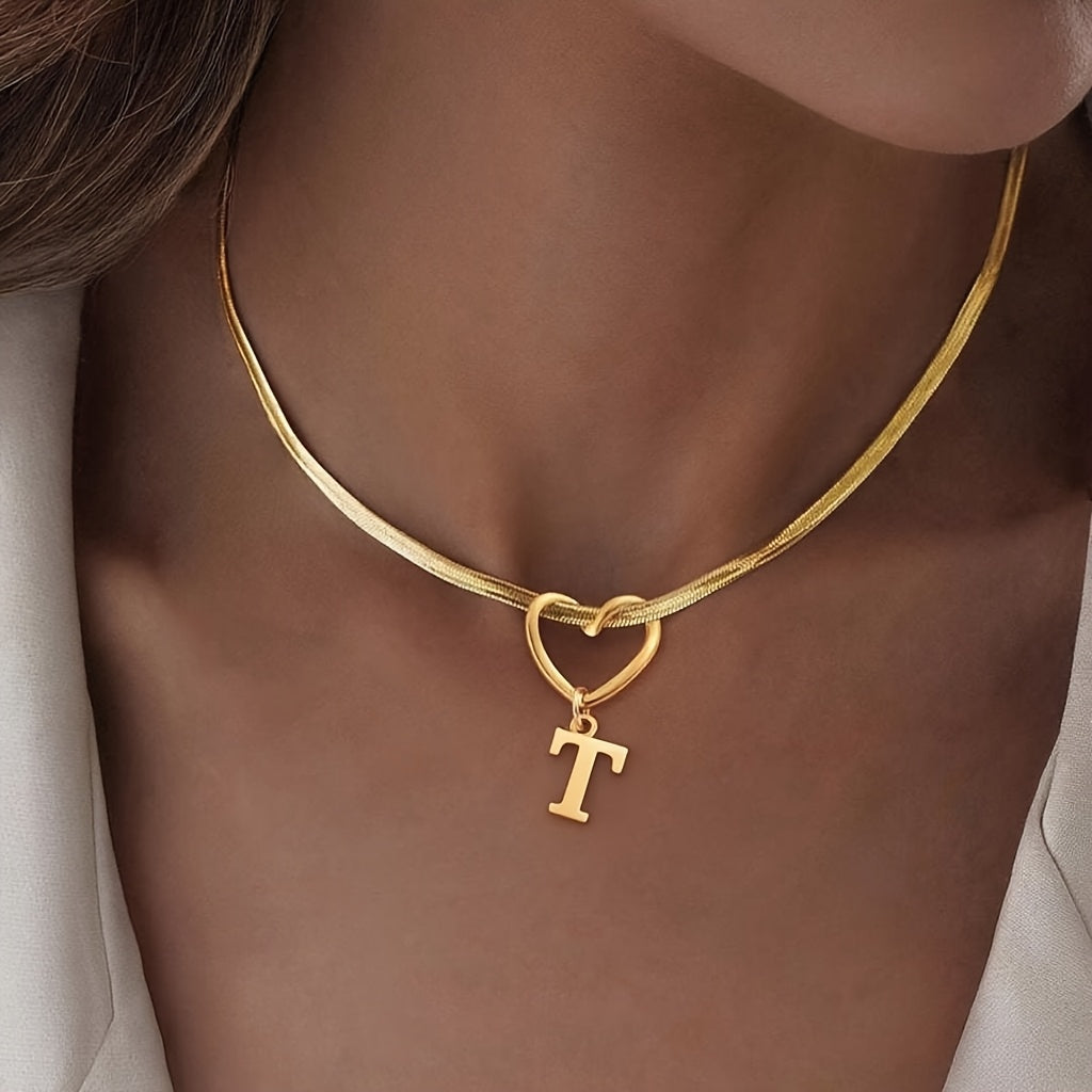 Hollow Heart Initial Necklace