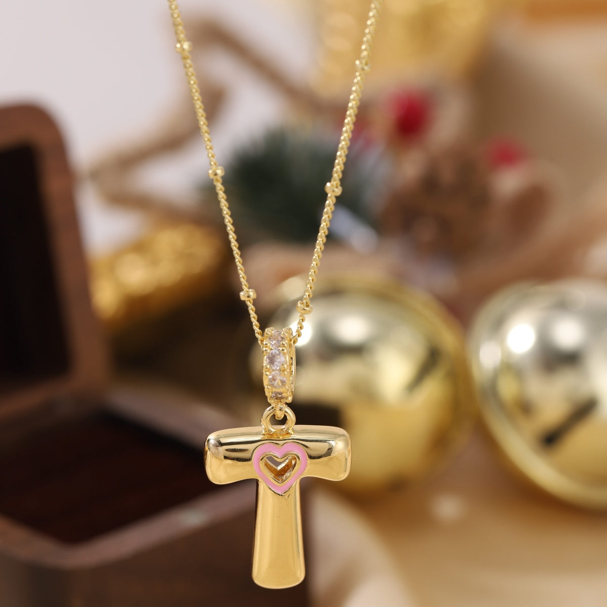 Pink Heart Initial Necklace